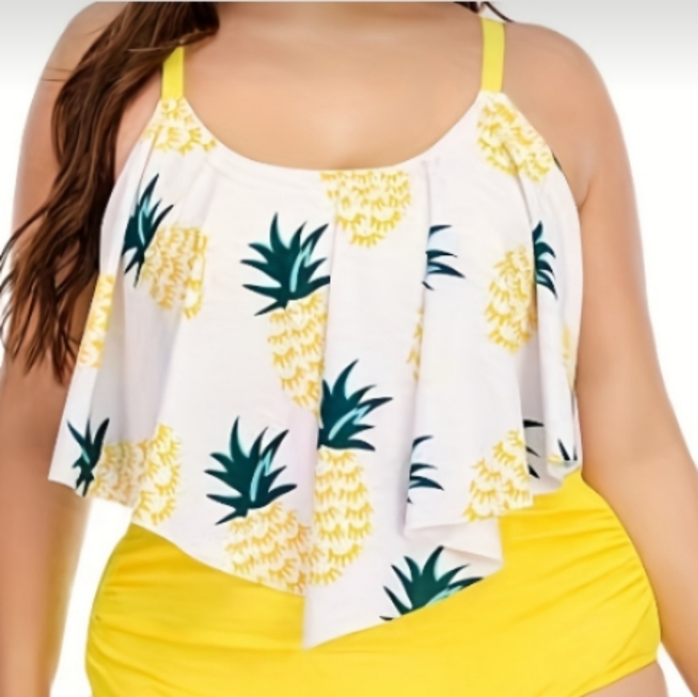 Rose Gal Yellow Pineapple Print Halter Tankini Top Sz 1X